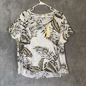 NWT C&C California 100% Linen 1X Plus Short Sleeve Shirt Top Green White Floral